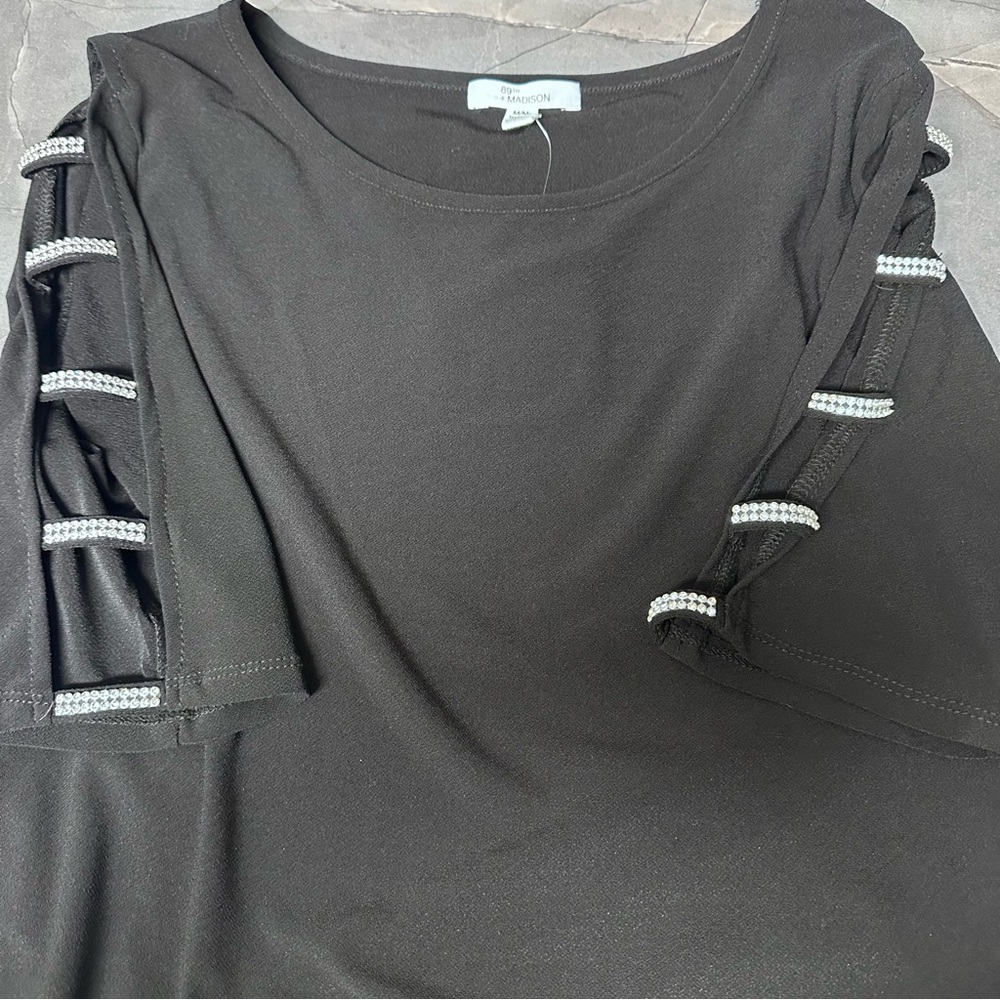 Elegant Black Top with Rhinestone Embellished Cut-Out Elbow Sleeves M